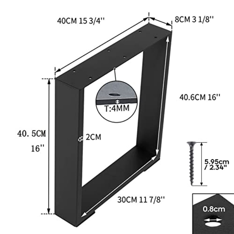 TC-HOMENY 커피 테이블 다리 16인치 현대식 벤치 다리 튼튼한 금속 다리 검정색 가구 다리 2개 세트
