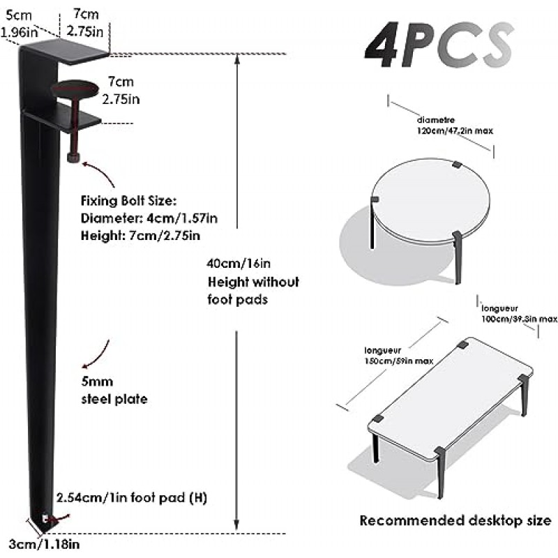 LYF F형 금속 가구 다리, 28인치 금속 테이블 다리, 16인치 DIY 철 벤치 다리, 조절 가능한 머리핀 테이블 다리, 블랙 (색상: 블랙, 사이즈: 16인치/40cm)