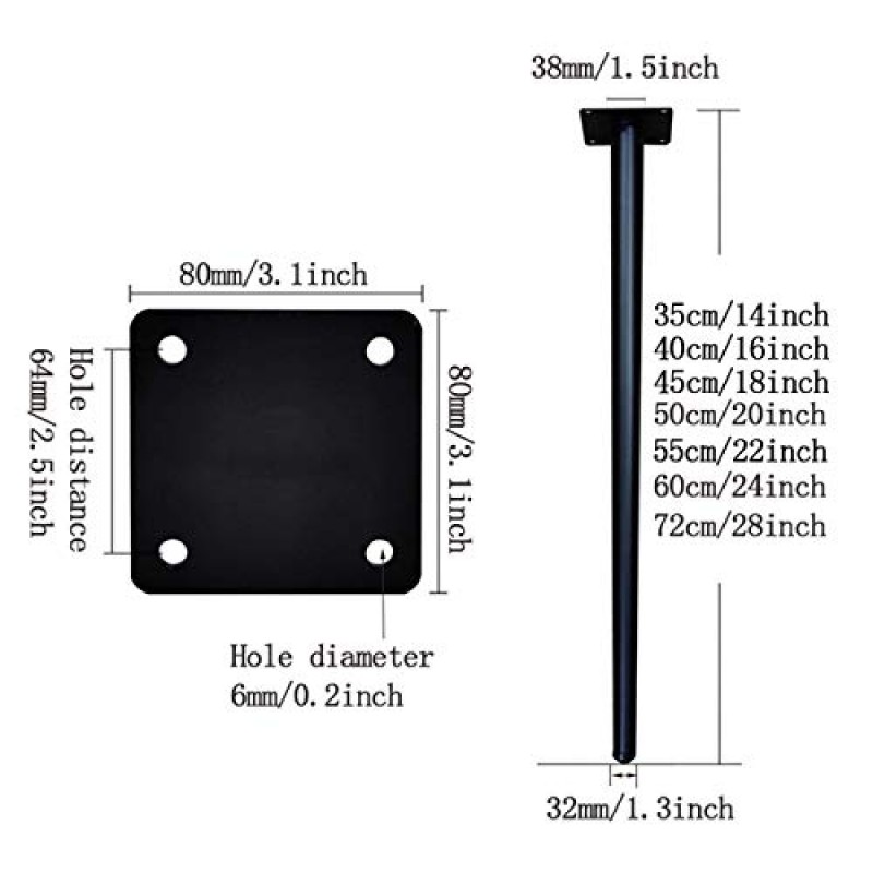 28 인치 비스듬한 원뿔 금속 가구 다리, DIY 철 테이블 다리, 드레싱 테이블 식탁 커피 테이블 용 교체 가능한 하드웨어 캐비닛 다리, 검정색, 4 개, 검정색 및 금색, 72cm/28in