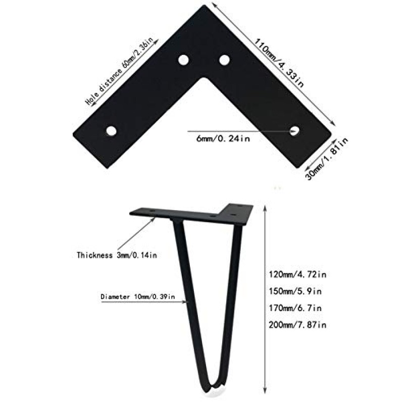 JAMCHE 머리핀 테이블 가구 다리 헤비 듀티 DIY 가구 무료 나사가있는 금속 테이블 다리 보호대 안정적인 표준 테이블 높이 테이블 다리 나사 바닥 보호대 검정색 20cm 4Pcs