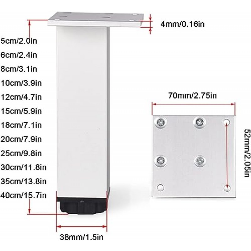HAENJA MNB 4개 조절 가능한 가구 다리, DIY 소파 다리, 금속 테이블 다리, 10,20,30cm, 블랙 스퀘어 가구 다리, 실버-8cm(3.1in) (색상: 실버, 크기: 40cm)