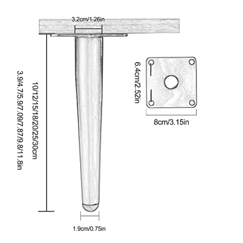 PEIXEN 테이블 다리, 금속 테이퍼 소파 다리 4개, 테이블 다리, 캐비닛 다리, 침대 다리, 교체용 가구 발, 미끄럼 방지/침묵, DIY 책상 다리, Gold-10cm/3.9in(색상: 검정색, 크기: 15cm/5.9 안에)