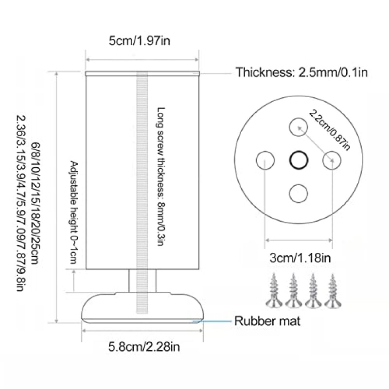 테이블 다리, 스테인레스 스틸 원형 테이블 다리, 높이 조절 가능한 캐비닛 다리, 교체용 가구 다리, DIY 책상 다리, 미끄럼 방지/내마모성/공간 절약, 검정색-15cm/5.9in(색상: 검정색, 크기: