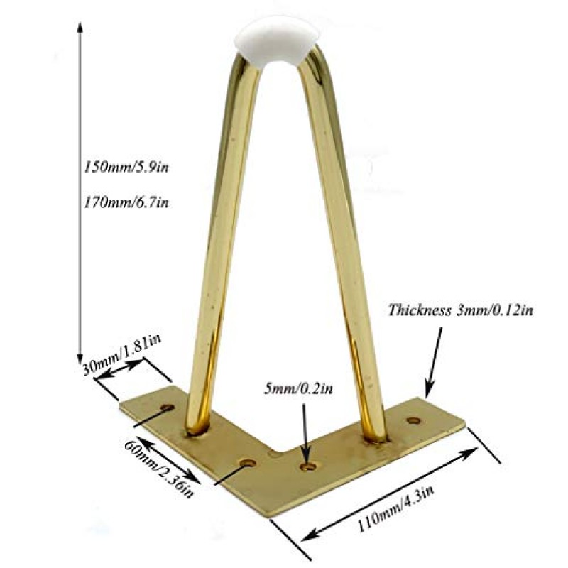 JAMCHE 4PCS 머리핀 다리 DIY 가구 금속 테이블 다리 캐비닛 옷장 TV 캐비닛 서랍 스탠드 Mid Century Modern 스타일 와서 나사 바닥 보호기 골드 150mm