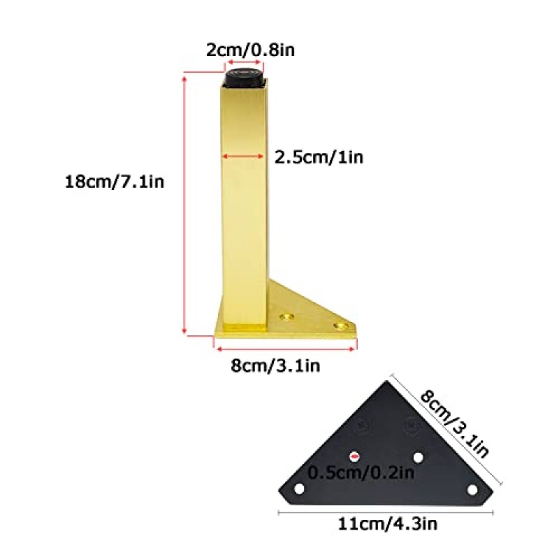 알루미늄 합금 가구 다리, 매트 블랙/골드 컬러 테이블 다리, 소파 다리, 교체 식탁 다리, 나사 및 바닥 보호 장치 포함, DIY 가구 프로젝트용(18cm/7.1in, 골드)