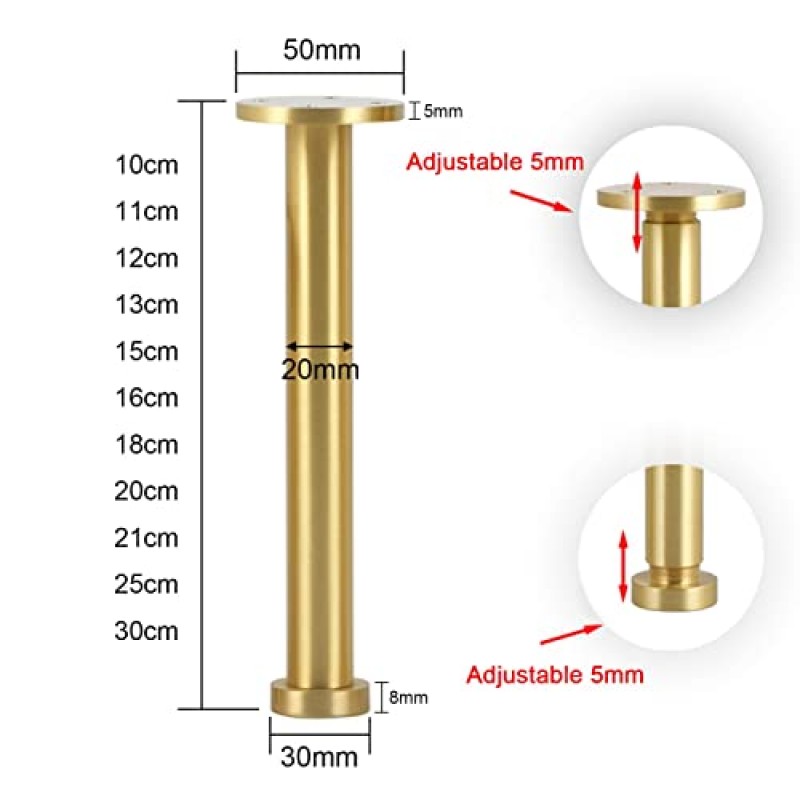 4 Pcs 조정 가능한 소파 다리 금속 가구 지원 다리 DIY 교체 하드웨어 액세서리에 대 한 나사 바닥 보호대와 황동 캐비닛 다리 (색상: 골드 크기: 10cm) (골드 18cm)