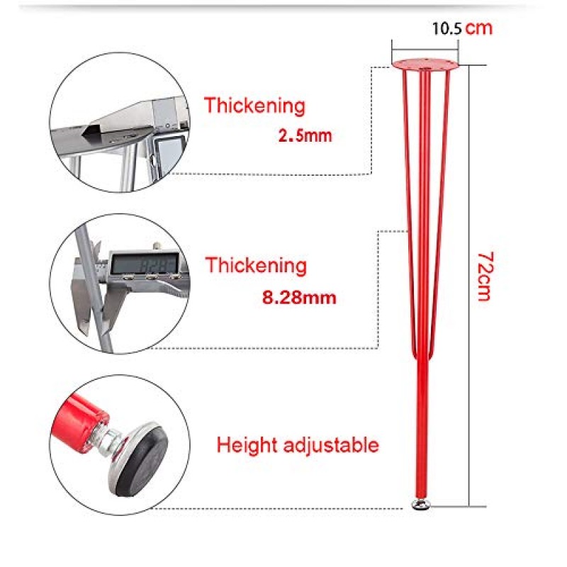 금속 머리핀 테이블 다리, DIY 가구 발, 높이 조절 철 지지대 교체 다리, 커피 테이블 식탁 높은 테이블 지지대, 하드웨어 나사, 72cm(빨간색 C)
