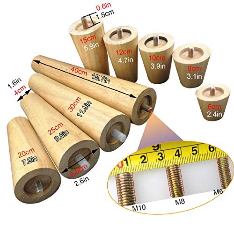 목재 가구 소파 다리 9.8 인치 가구 피트 소파, 캐비닛, 침대, 커피 테이블, 드레싱 테이블, M6,M8,M10 볼트, 1.5cm 나사, 다중(M10 15cm(5.9in))에 사용되는 DIY 가구 구성 요소
