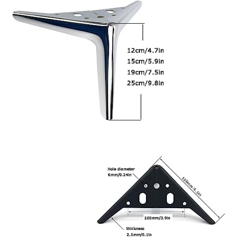 Tophacker DIY 가구 프로젝트 테이블 다리, 금속 가구 다리, 교체용 소파 다리, 식탁 다리 4개 세트, 의자 다리, 장착 나사 및 바닥 보호 장치 포함(색상: 실버, 크기: 19cm/7.5in)