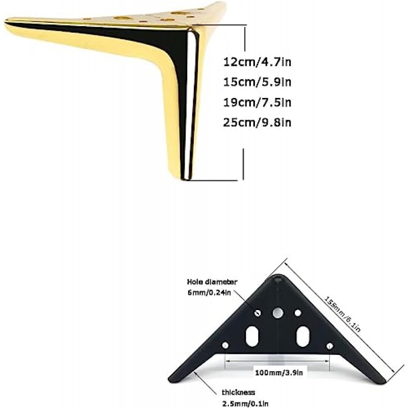 Tophacker DIY 가구 프로젝트 테이블 다리, 금속 가구 다리, 교체용 소파 다리, 식탁 다리 4개 세트, 의자 다리, 장착 나사 및 바닥 보호 장치 포함(색상: 금색, 크기: 19cm/7.5in)