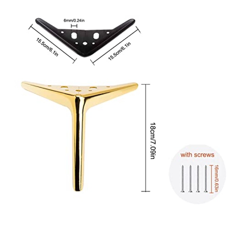 가구용 ISolay 금속 다리, DIY 가구 테이블 다리, 미끄럼 방지 소파 다리, 4개 세트, 캐비닛, 커피 테이블, 책장, 나사 포함(금색, 18cm/7.09in)