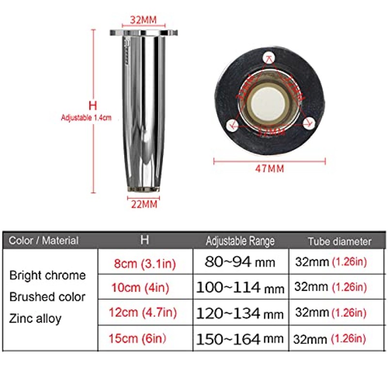 조정 가능한 가구 다리 4개 팩, 아연 합금 책상 다리, 보호 나사 및 발이 있는 튼튼한 DIY 가구 금속 테이블 다리, TV 캐비닛 교체, 캐비닛, 서랍 lianshanwang(색상: 크롬