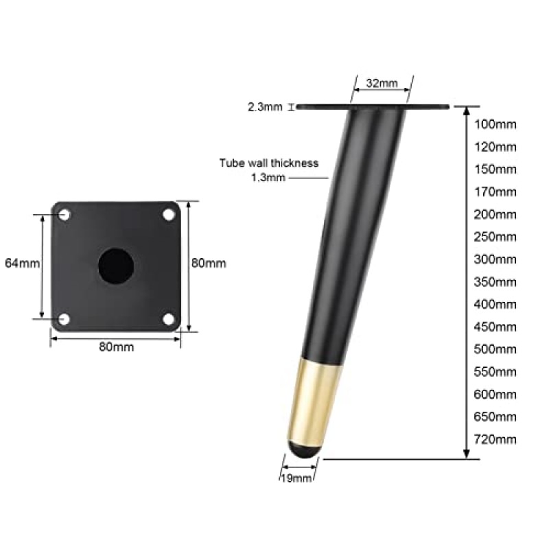 테이퍼 소파 다리 4개 세트 경사형 가구 다리 미끄럼 방지 금속 DIY 교체용 소파용 다리 나사 포함 커피 테이블 찬장 (색상: 블랙 골드 크기: 100mm) (블랙골드 250mm)