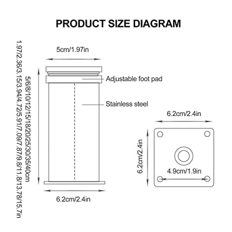 4 Pcs 테이블 다리 금속 10cm 15cm 20cm 25cm 30cm 35cm 40cm, 가구 다리 조절 가능, 스테인레스 스틸 소파 다리, 캐비닛 책상 지원 다리, Diy 교체 가구 피트, 스테인레스 스틸-35cm/13.78in