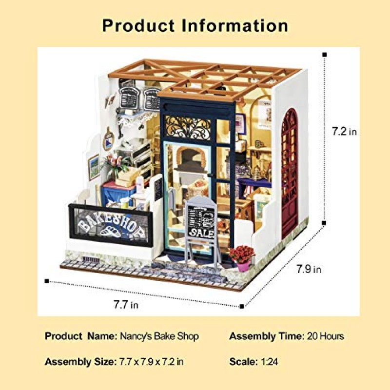 Rolife DIY 미니어처 하우스 키트, 성인이 지을 수 있는 작은 모델 하우스, LED 조명이 포함된 Mayberry Street 미니어처 모델 키트, DIY 공예품/생일 선물/가족과 친구를 위한 가정 장식(낸시의 빵집)