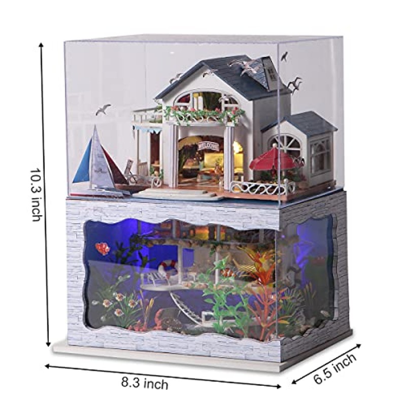 GuDoQi DIY 소형 인형의 집 키트, 가구 및 먼지 방지 기능이 포함된 작은 집 키트, 소형 하우스 키트 1:24 규모의 해변 방갈로, 생일 할로윈을 위한 훌륭한 수제 공예 선물