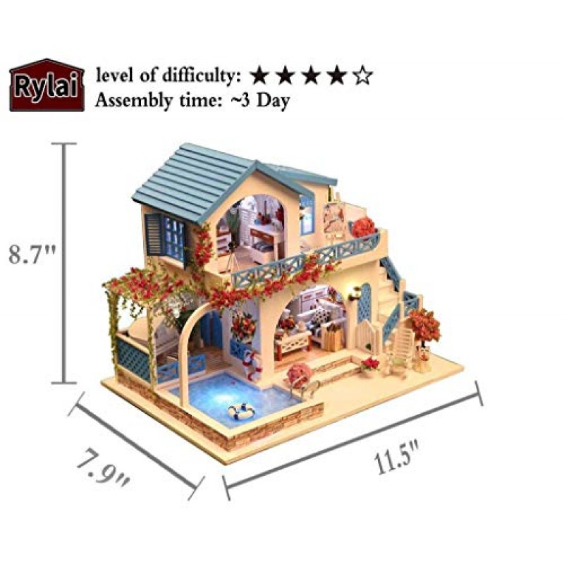 뮤직 박스가있는 DIY 소형 인형 집 키트 성인 어린이를위한 Rylai 3D 퍼즐 도전 크리스마스 선물 파란색과 흰색 마을