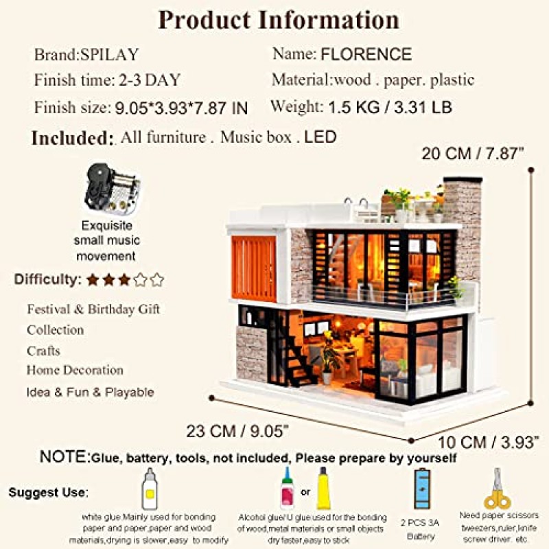 가구가 포함된 Spilay 인형의 집 미니어처, DIY 인형의 집 키트 오르골이 포함된 미니 모던 빌라 모델, 1:24 규모의 창의적인 인형 집 연인 소년과 소녀를 위한 최고의 크리스마스 생일 선물(피렌체)