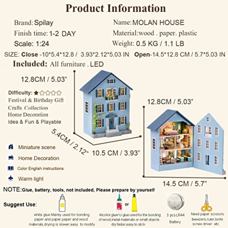 Spilay 인형 집 DIY 소형 나무 가구 키트, LED가있는 미니 수제 인형 집, 성인 친구 애인 생일 선물을위한 1:24 스케일 크리 에이 티브 Woodcraft 장난감 D031