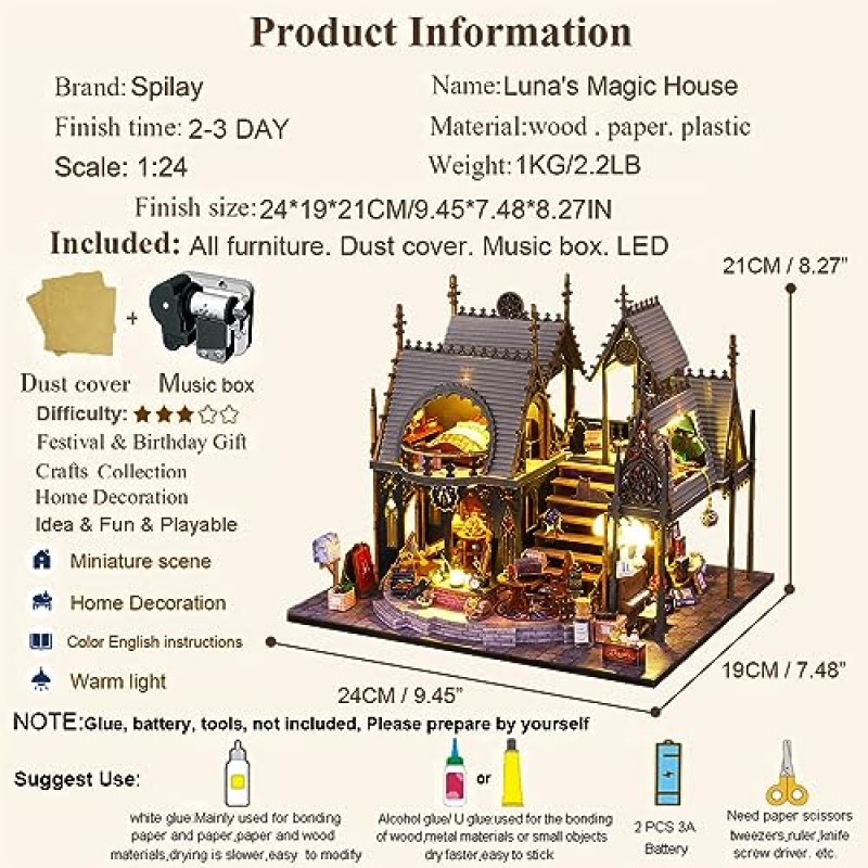 Spilay 인형 집 미니어처 가구, DIY 나무 공예 마술 인형 집 미니 수제 키트, 먼지 방지 커버 및 음악 이동, 1:24 스케일 크리에이티브 룸 성인 친구 애호가를위한 아이디어 선물