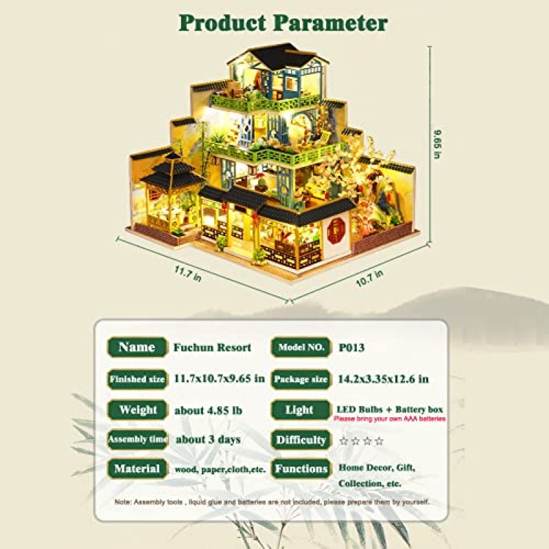 가구와 LED 조명을 갖춘 Yuzhen DIY 소형 인형의 집, 먼지 덮개와 음악 이동, 취미 수집품이 포함된 일본식 목재 미니 하우스