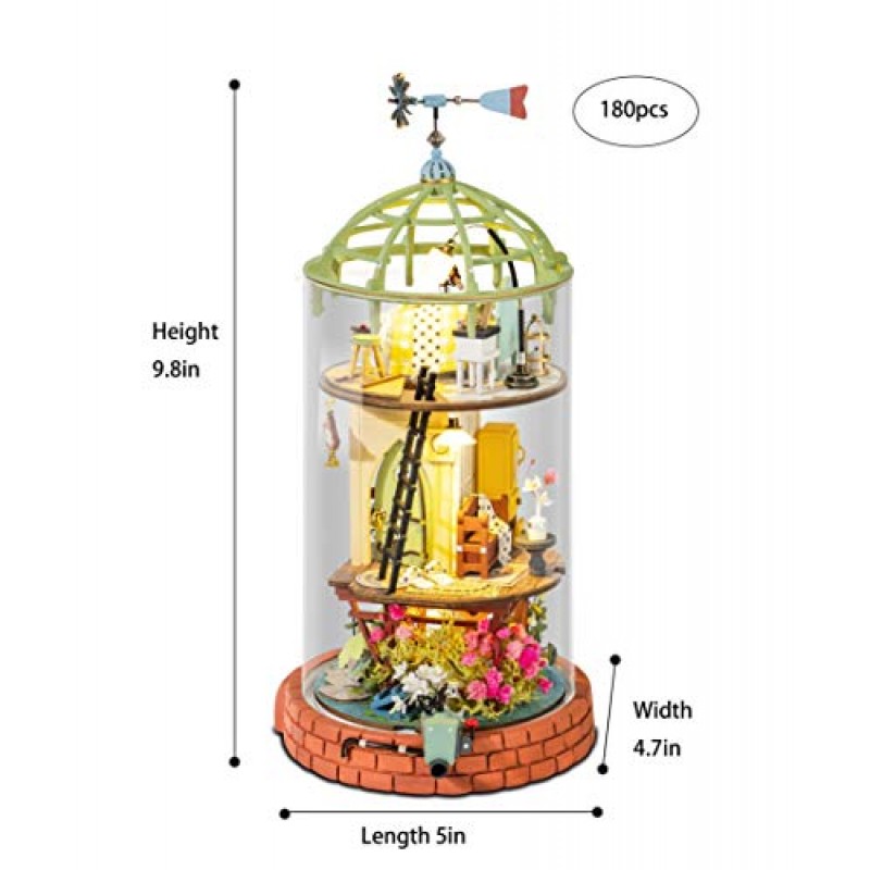 손 공예 DIY 소형 인형의 집 키트 - 신비한 세계 돔형 로프트 3D 모델 목조 주택 건축 키트(LED 조명 포함) 투명 디스플레이 퍼즐 성인 및 청소년 안전하고 무독성 목재 DS001
