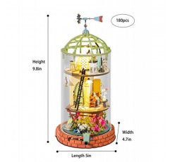 손 공예 DIY 소형 인형의 집 키트 - 신비한 세계 돔형 로프트 3D 모델 목조 주택 건축 키트(LED 조명 포함) 투명 디스플레이 퍼즐 성인 및 청소년 안전하고 무독성 목재 DS001
