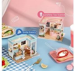 가구 키트가 포함된 Kisoy 인형의 집 미니어처, 여성용 및 남성용 선물용 수제 DIY 하우스 모델(Sunshine Tea Station)