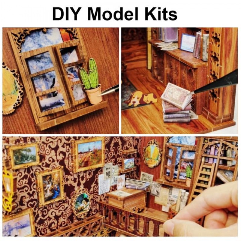 Fsolis DIY 책 구석 키트, DIY 인형의 집 미니어처 키트 DIY 홈 장식 책장 탁상 장식 북 엔드 영원한 서점 책장 삽입 미니어처 하우스 키트 성인을위한 책 구석 키트 (YS05)