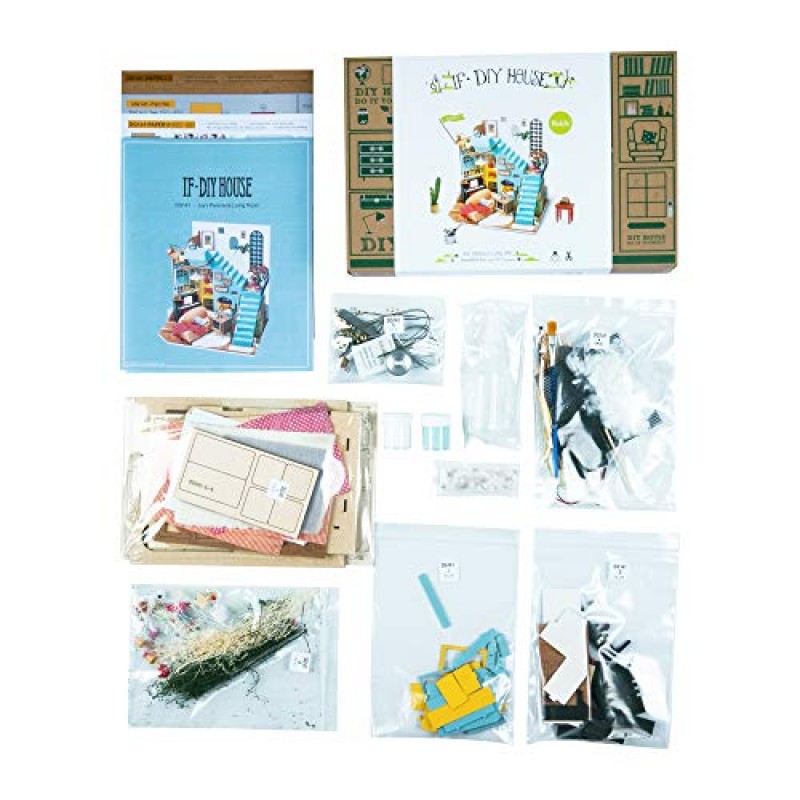 핸드 크래프트 DIY 소형 인형의 집 키트 - 조이의 거실 3D 모델 LED 조명이 있는 작은 집 건물 목재 조립식 조각 퍼즐 성인과 청소년을 위한 1:24 규모 공예 DG141