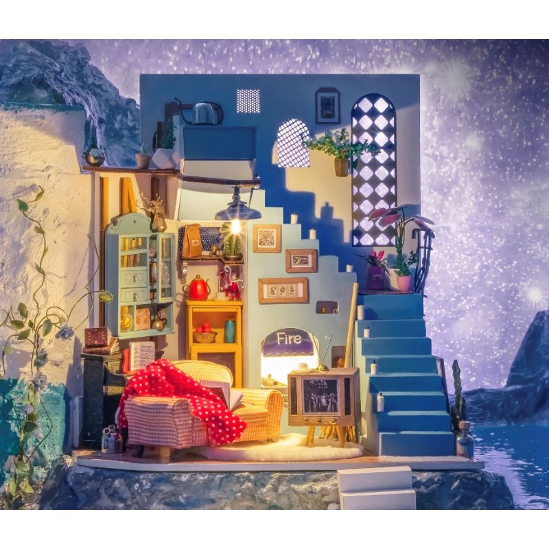 핸드 크래프트 DIY 소형 인형의 집 키트 - 조이의 거실 3D 모델 LED 조명이 있는 작은 집 건물 목재 조립식 조각 퍼즐 성인과 청소년을 위한 1:24 규모 공예 DG141