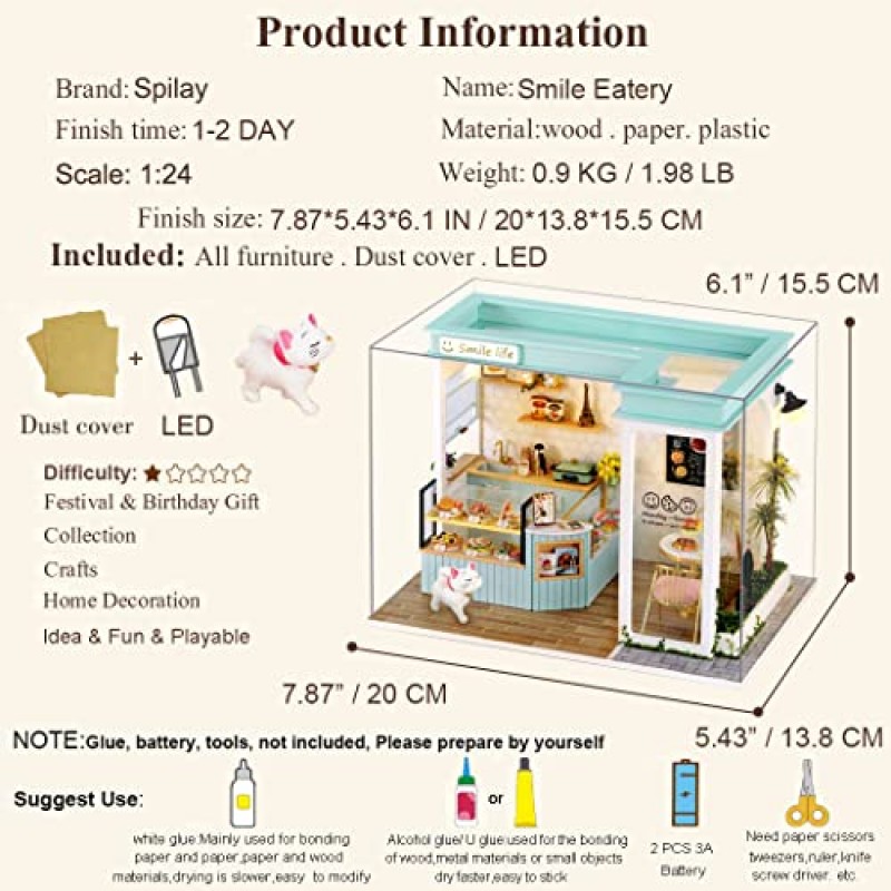 가구가 포함된 Spilay 인형의 집 미니어처, 먼지 방지 커버와 LED가 포함된 DIY 나무 공예 인형 집 미니 수제 키트, 성인 친구 연인을 위한 1:24 규모의 크리에이티브 룸 아이디어 선물(Smile Eatery)