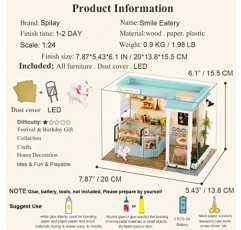가구가 포함된 Spilay 인형의 집 미니어처, 먼지 방지 커버와 LED가 포함된 DIY 나무 공예 인형 집 미니 수제 키트, 성인 친구 연인을 위한 1:24 규모의 크리에이티브 룸 아이디어 선물(Smile Eatery)