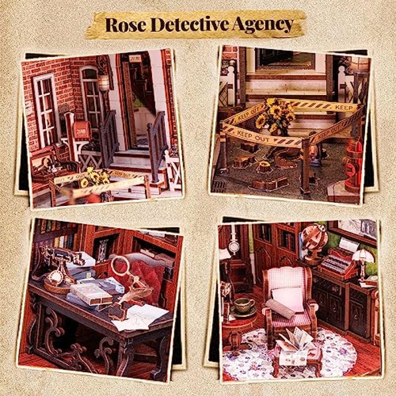 Cutefun Rose Detective Agency, 성인을 위한 DIY 책 구석 키트 - 나무 인형의 집 - LED 조명이 포함된 3D 퍼즐 - 수집가 및 장식용 미니어처 하우스 키트