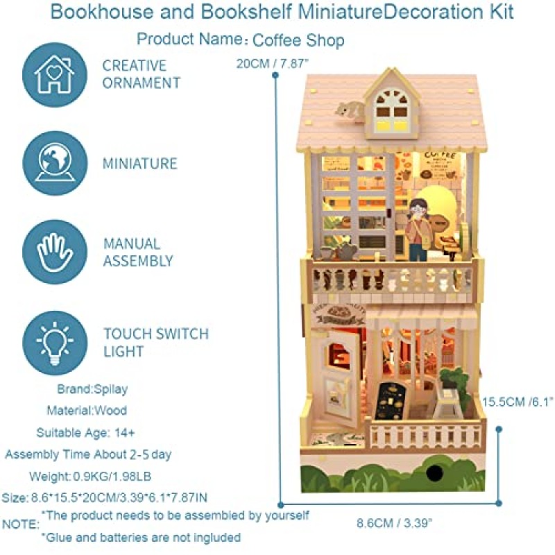 Spilay DIY 책 구석 키트, 가구 및 LED가 포함된 DIY 소형 인형 하우스 키트, 3D 나무 퍼즐 북엔드 책장 삽입 장식-친구 연인을 위한 창의력 생일 선물(L0315P)