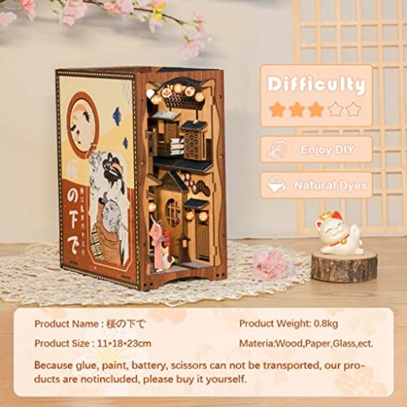 CUTEBEE DIY 책 구석 키트, DIY 인형의 집 책장 책장 삽입 장식 골목, LED 조명이 포함된 북엔드 모델 빌드 창의력 키트(사쿠라 나무 아래)