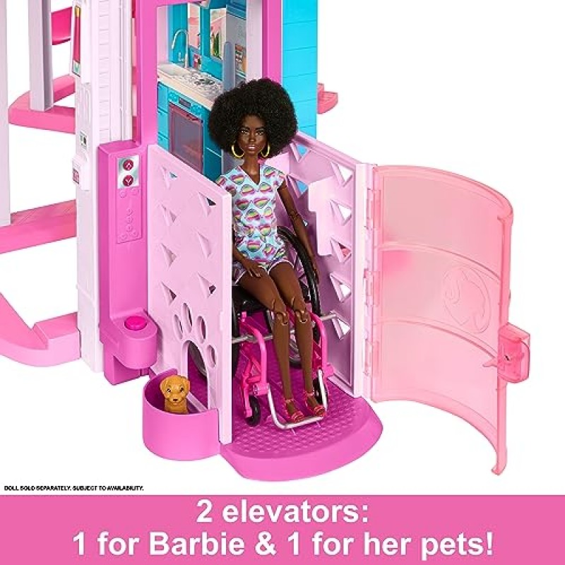 Barbie Dreamhouse 2023, 75개 이상의 조각과 3층 슬라이드가 있는 풀 파티 인형 집, Barbie House Playset, 애완동물 엘리베이터 및 강아지 놀이 공간​