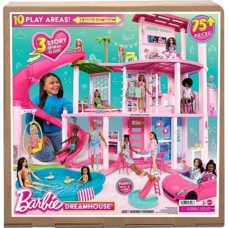 Barbie Dreamhouse 2023, 75개 이상의 조각과 3층 슬라이드가 있는 풀 파티 인형 집, Barbie House Playset, 애완동물 엘리베이터 및 강아지 놀이 공간​