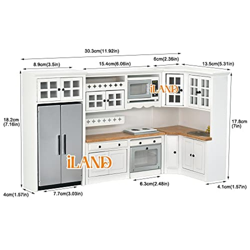iLAND 나무 인형의 집 가구 세트 1/12 스케일 인형의 집 주방용 현대식 소형 주방 ​​캐비닛, 냉장고, 오븐, 전자레인지, 냄비 세트, 카펫 포함