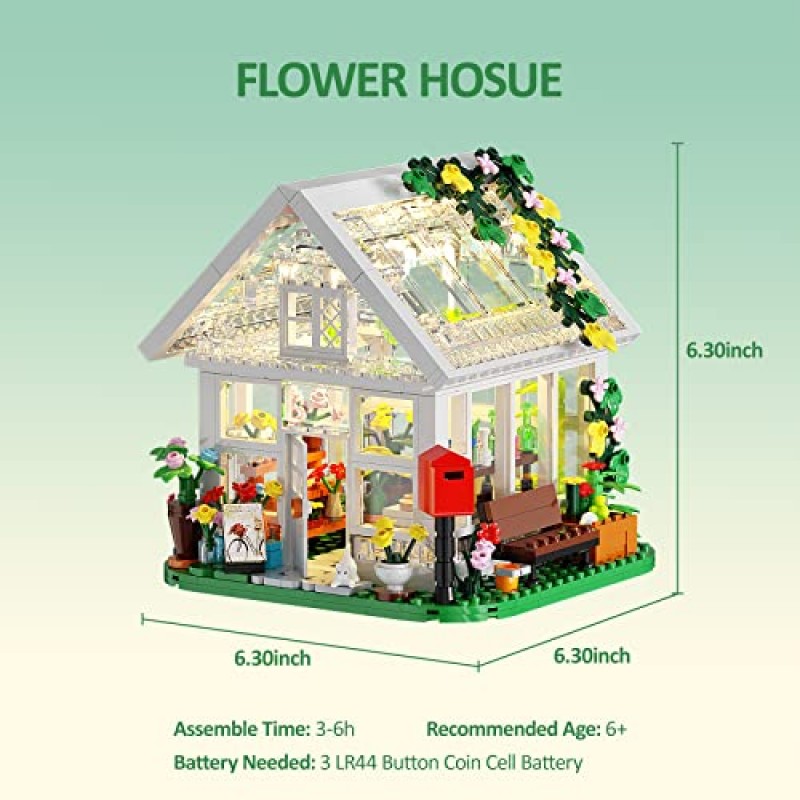 꽃집 건축 세트, LED 조명이 포함된 정원 집 건축 장난감, 창의적인 건축 플레이 세트, 온실 모델 구축, 친구나 소녀를 위한 훌륭한 선물(597개)