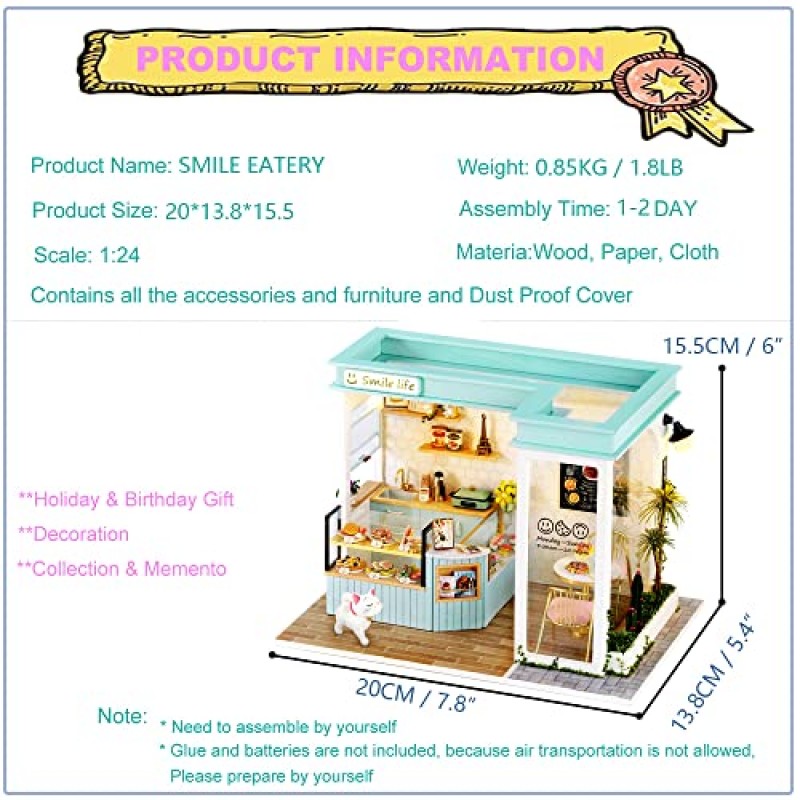 Roroom DIY 미니어처 및 가구 인형의 집 키트, 먼지 방지 커버와 LED가 포함된 미니 3D 나무 인형 집 공예 모델, 발렌타인 데이 생일 선물을 위한 크리에이티브 룸 아이디어(Smile Eatery)