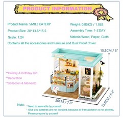 Roroom DIY 미니어처 및 가구 인형의 집 키트, 먼지 방지 커버와 LED가 포함된 미니 3D 나무 인형 집 공예 모델, 발렌타인 데이 생일 선물을 위한 크리에이티브 룸 아이디어(Smile Eatery)