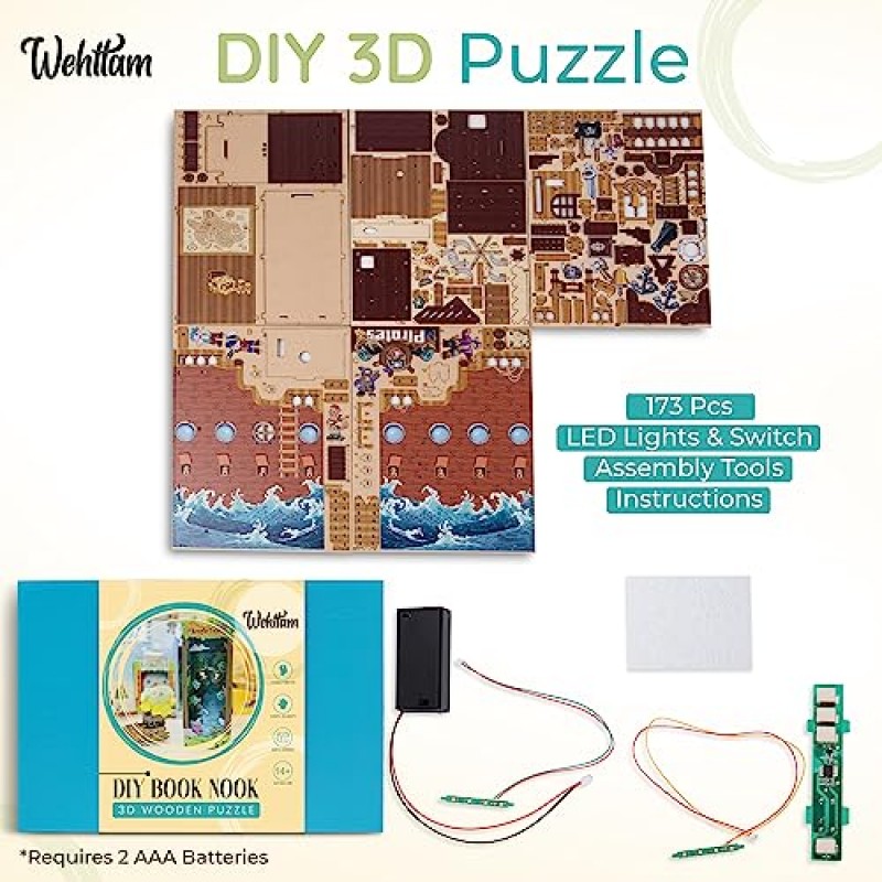 성인을 위한 Wehttam DIY 북누크 키트 - 시각적 지침과 번호가 매겨진 조각이 포함된 북누크 미니어처 키트를 쉽게 만들 수 있음 - LED 전등 스위치가 있는 북누크 키트 - 해적 테마