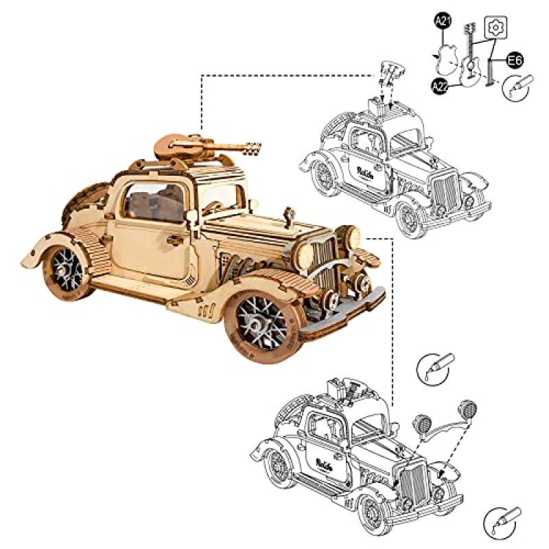 ROBOTIME 3D 나무 퍼즐 자동차 DIY 모델 키트 나무 모델을 구축하는 빈티지 자동차 공예 컬렉션 애호가를위한 선물