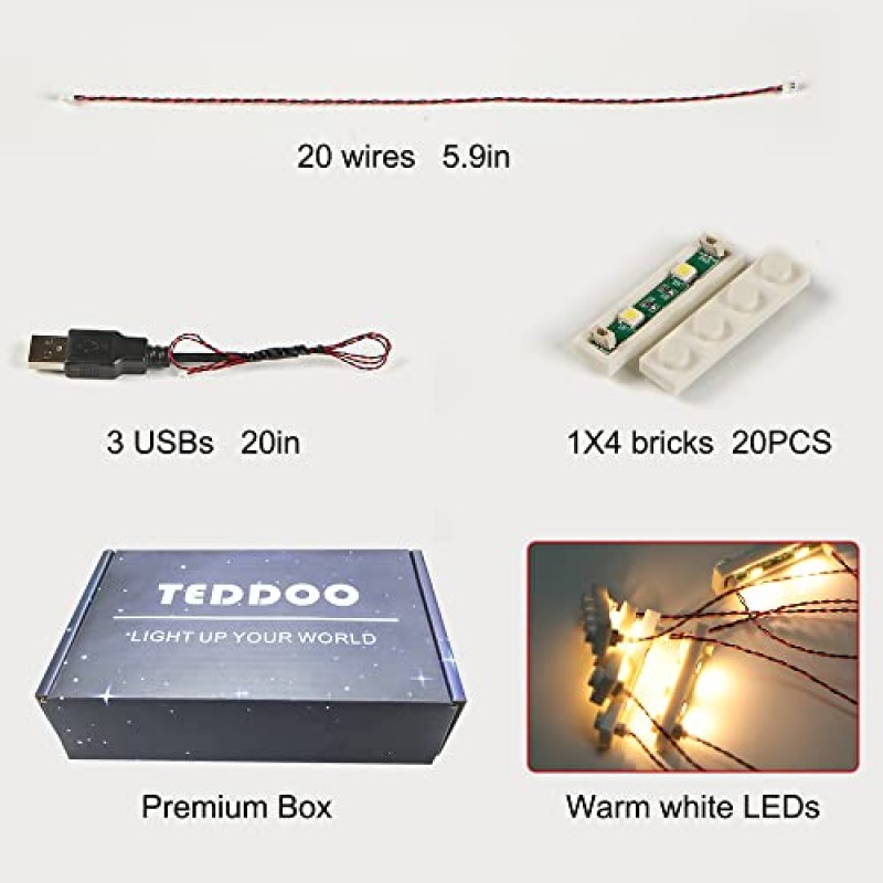 20개 1X4 LED 조명 키트(USB로 구동되는 X in One 조명) 레고 벽돌 3710(따뜻한 흰색)과 호환되는 벽돌 도시 DIY 조합 모듈