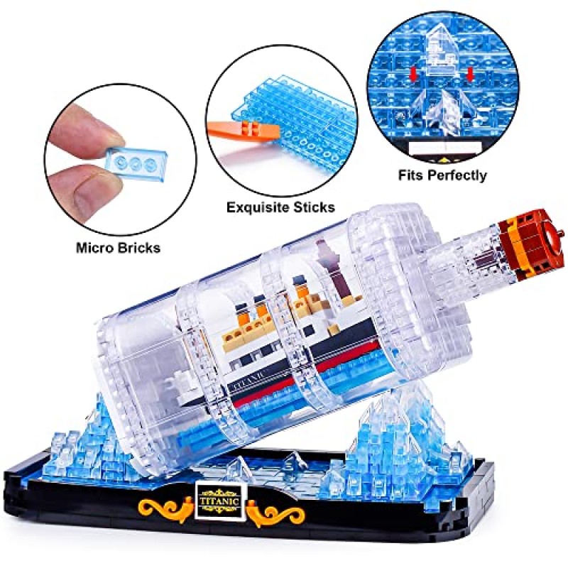 Vziimo 병 속의 타이타닉 선박 마이크로 미니 조립 세트, 타이타닉 장난감 모델 수집용 디스플레이 세트, 성인용 조립 키트 어린이 청소년 14세 이상 선물(LEGO-1102 PCS와 호환되지 않음)