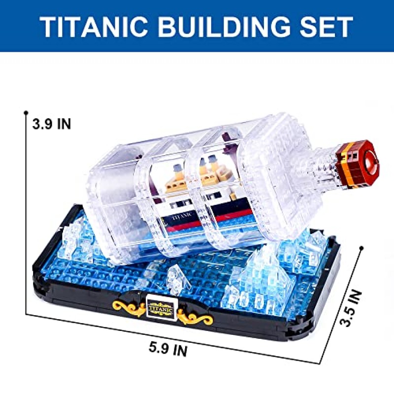 Vziimo 병 속의 타이타닉 선박 마이크로 미니 조립 세트, 타이타닉 장난감 모델 수집용 디스플레이 세트, 성인용 조립 키트 어린이 청소년 14세 이상 선물(LEGO-1102 PCS와 호환되지 않음)