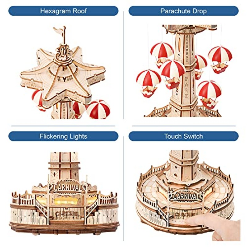 Wowood 모델 키트 성인을 위한 3D 퍼즐, LED 조명이 있는 리프팅 낙하산 타워 기계식 오르골, DIY 공예/취미/성인/청소년 소년/소녀를 위한 선물(낙하산 타워)