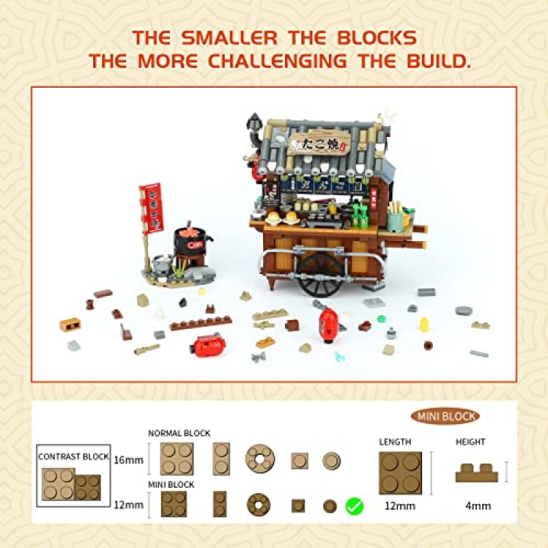 NEWABWN 일본식 타코야키 거리 노점 장난감 조립 세트, 일본 거리 음식 문화에 대해 알아보기, 커플을 위한 귀여운 미니 조립 블록 세트, 어린이, 소녀 및 소년을 위한 작은 선물 장난감 8-14(951개)