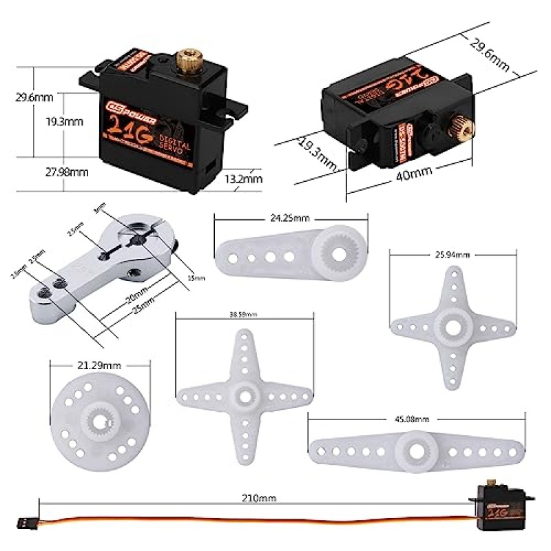 DSPOWER 2PCS 21G 미니 디지털 서보, 스티어링 기어 1/18 1/16 RC 자동차 모델 보트 고정 날개 헬리콥터 비행기 로봇 장난감에 대 한 25T 서보 경적을 갖춘 풀 메탈 기어 마이크로 RC 서보 모터 키트